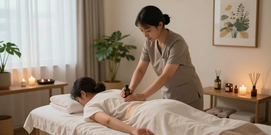 Relaxing 강남출장안마 massage therapy scene with soft ambient lighting and essential oils.