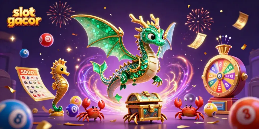 Engaging view of the slot gacor scene with a sea dragon and lottery elements capturing action and excitement of gaming.