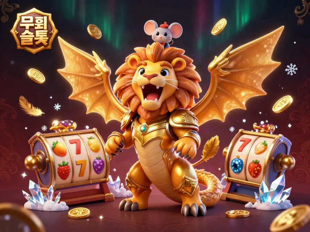 Experience thrilling 무료슬롯 action in this vibrant 3D illustration featuring a chimera and lucky slot symbols.