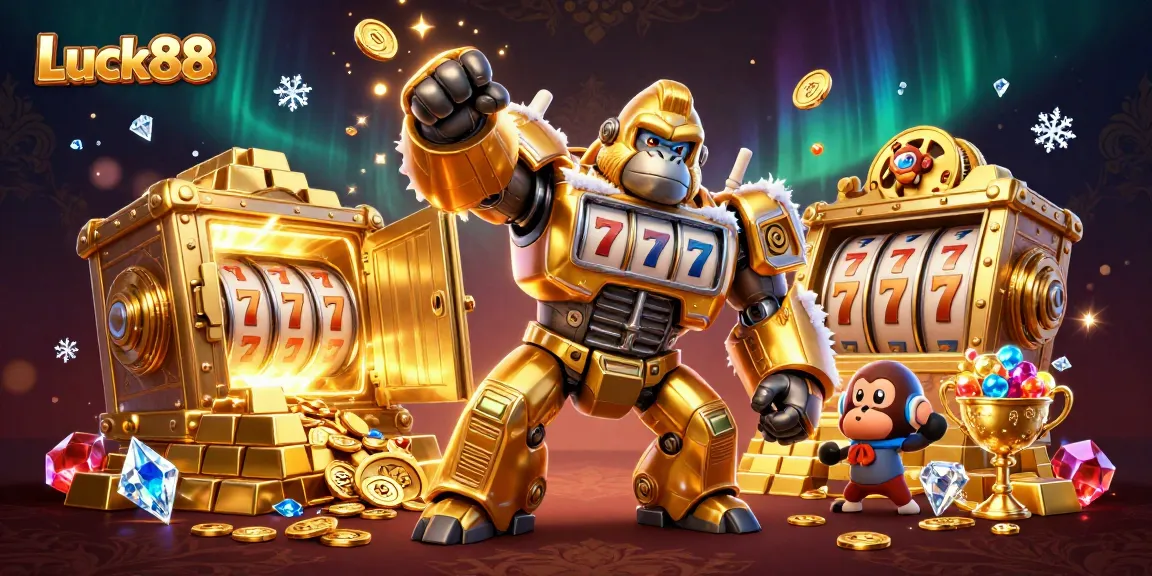 Experience Luck88's thrill with a golden gorilla mech and slot games in a dazzling treasure scene.