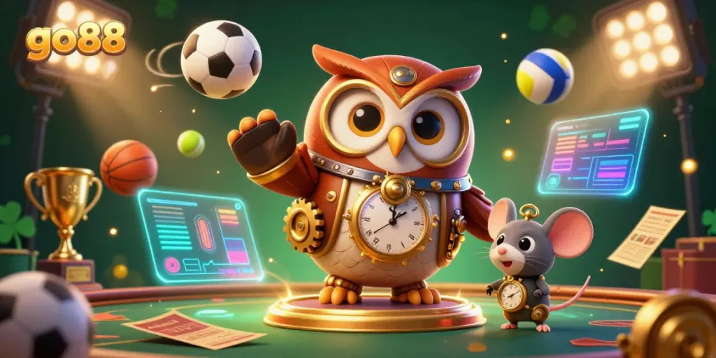 Engage with go88's thrilling online casino experience featuring a steampunk owl and dynamic game elements.