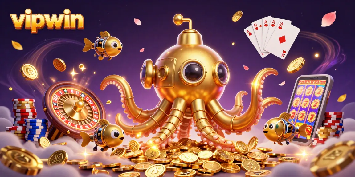 Experience thrilling wins at vipwin with a vibrant 3D illustration of a golden kraken submarine among cascading coins and gaming elements.