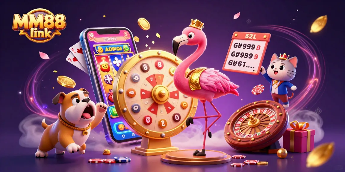 Exciting MM88 link scene with a flamingo game show host and a bulldog contestant surrounded by dynamic gambling elements.