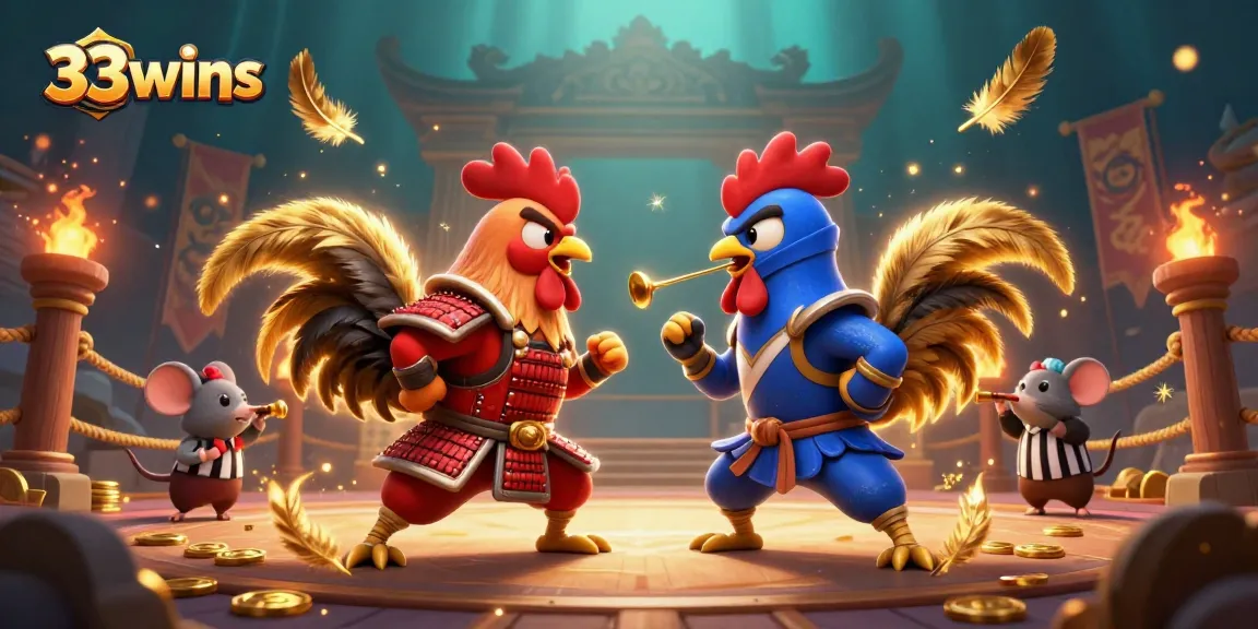 Engage with 33wins as twin roosters battle in a dynamic casino-themed arena.