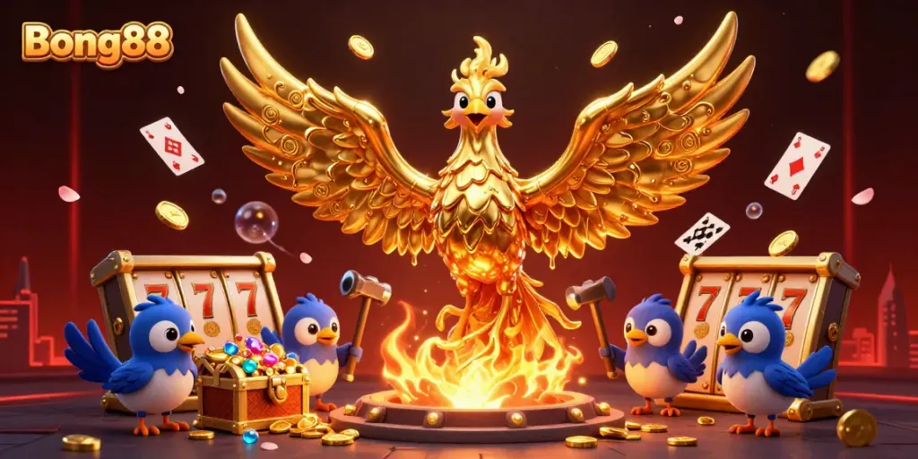 Bong88 reveals winning strategies with a stunning phoenix illustration guiding players through thrilling slot games.