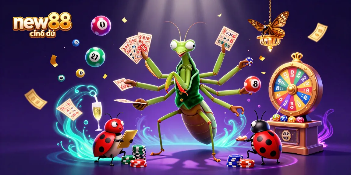 Experience the vibrant energy of new88 chính thức, featuring a lively casino scene with colorful elements and dynamic characters.