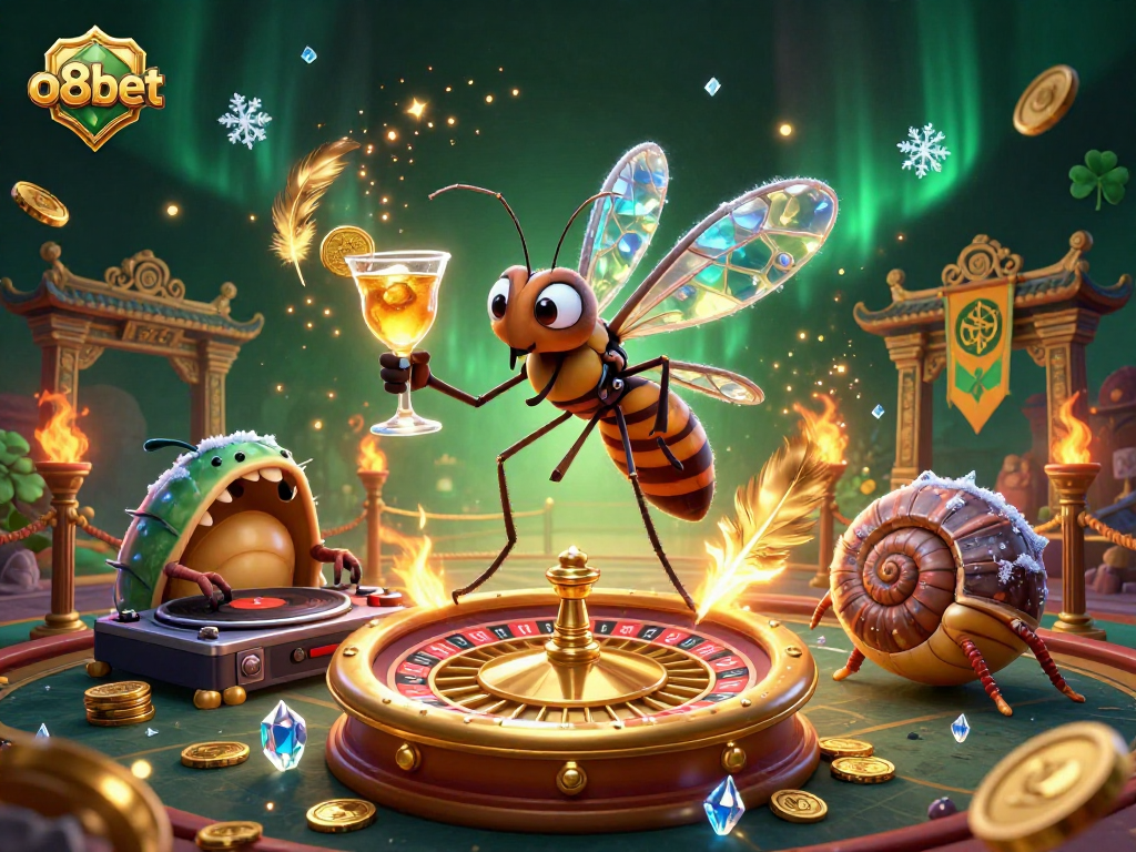 Experience the excitement at o8bet with a vibrant 3D illustration of casino characters and lively gaming elements.