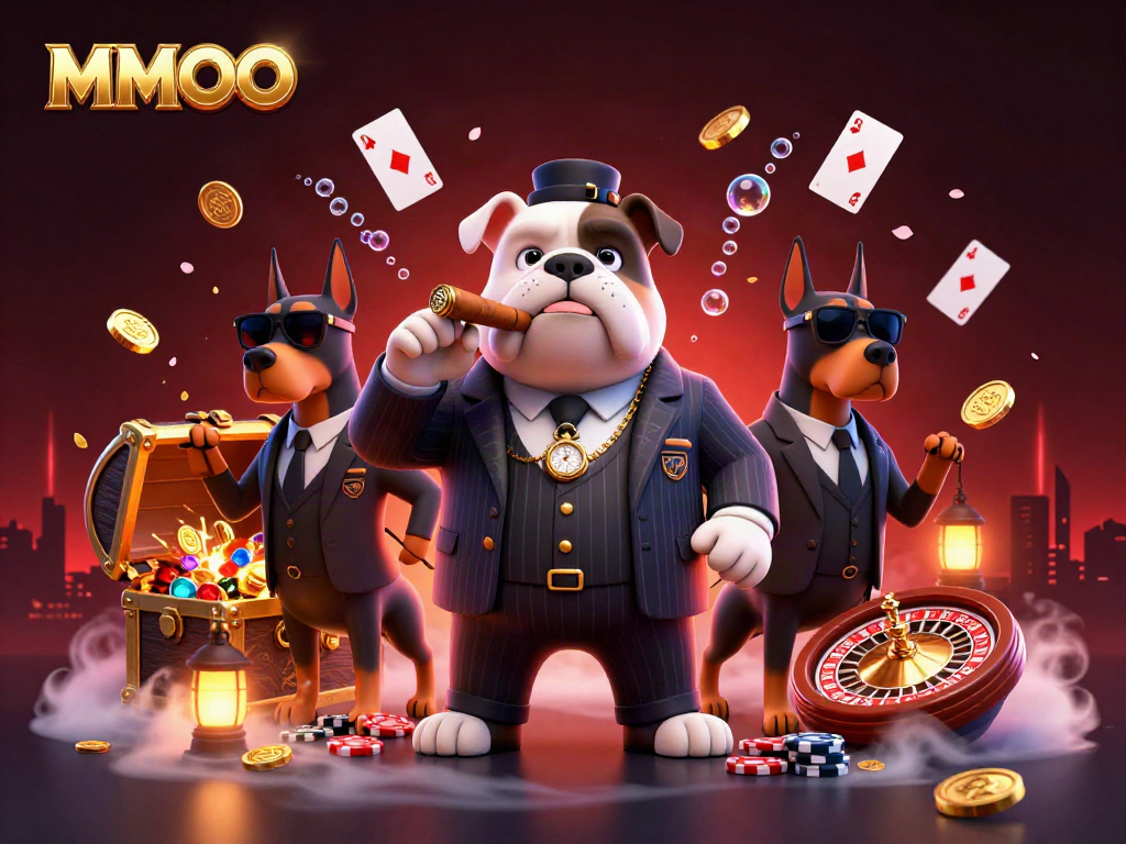 MMOO displays high-stakes casino action with a mafia bulldog and his Doberman guards amidst roulette elements.