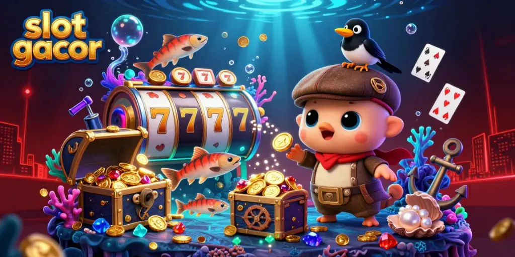 Engage with slot gacor as playful characters explore a vibrant casino-themed underwater scene.