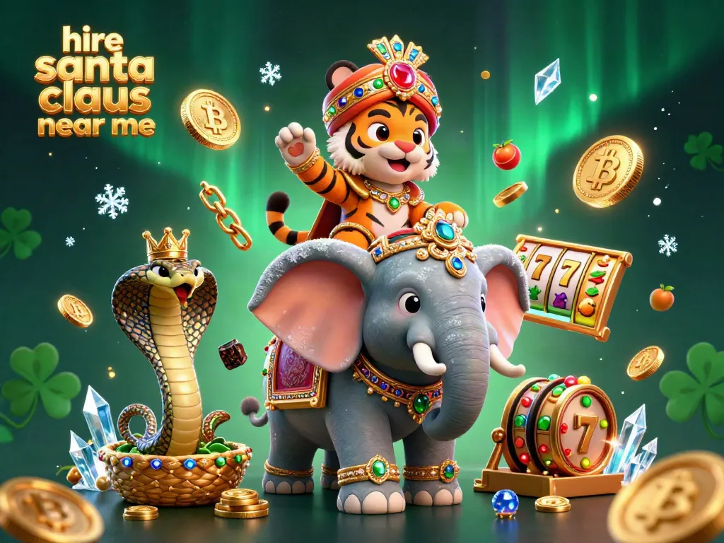 Hire Santa Claus near me with vibrant casino elements and festive characters in a dynamic 3D scene.