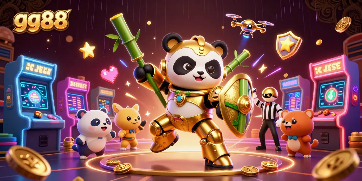 Engage in exciting gaming action with gg88's vibrant 3D mech-suit panda and casino elements.