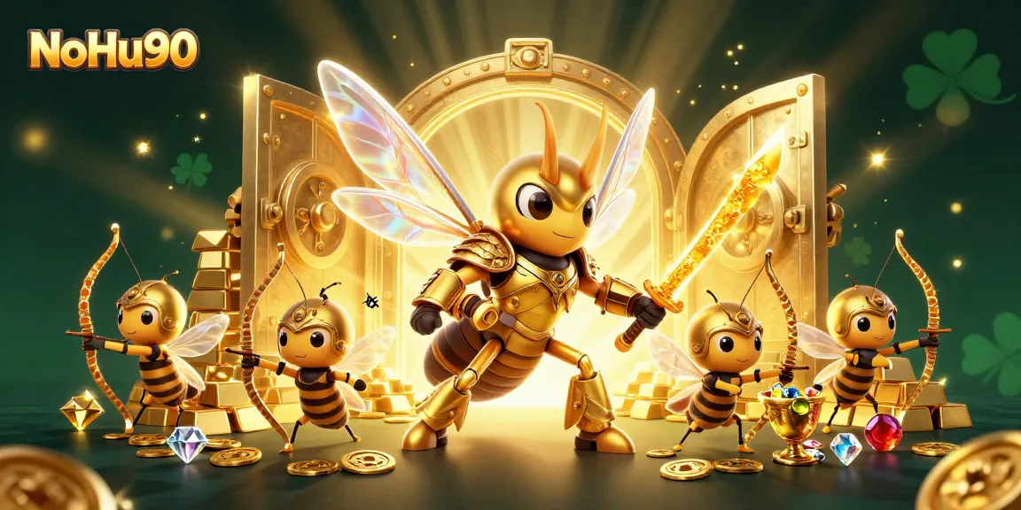 Experience the thrills of NoHu90 with vibrant casino characters and sparkling treasures depicted.