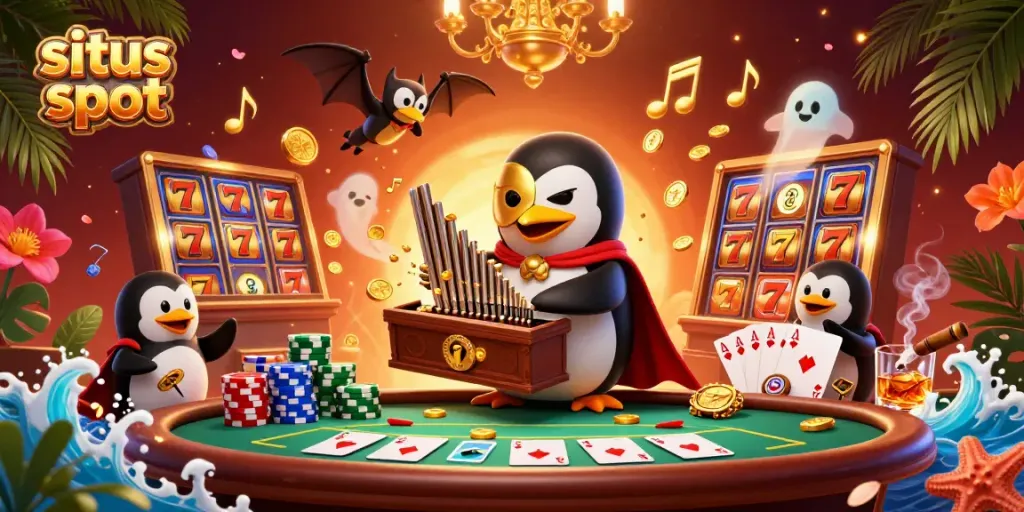 Experience thrilling wins at situs slot with a cartoon penguin and slot machines in a vibrant casino scene.