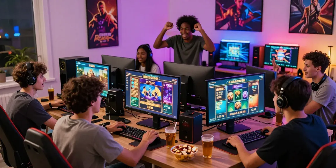 Exciting group enjoying situs slot online gaming experience in a vibrant setting.