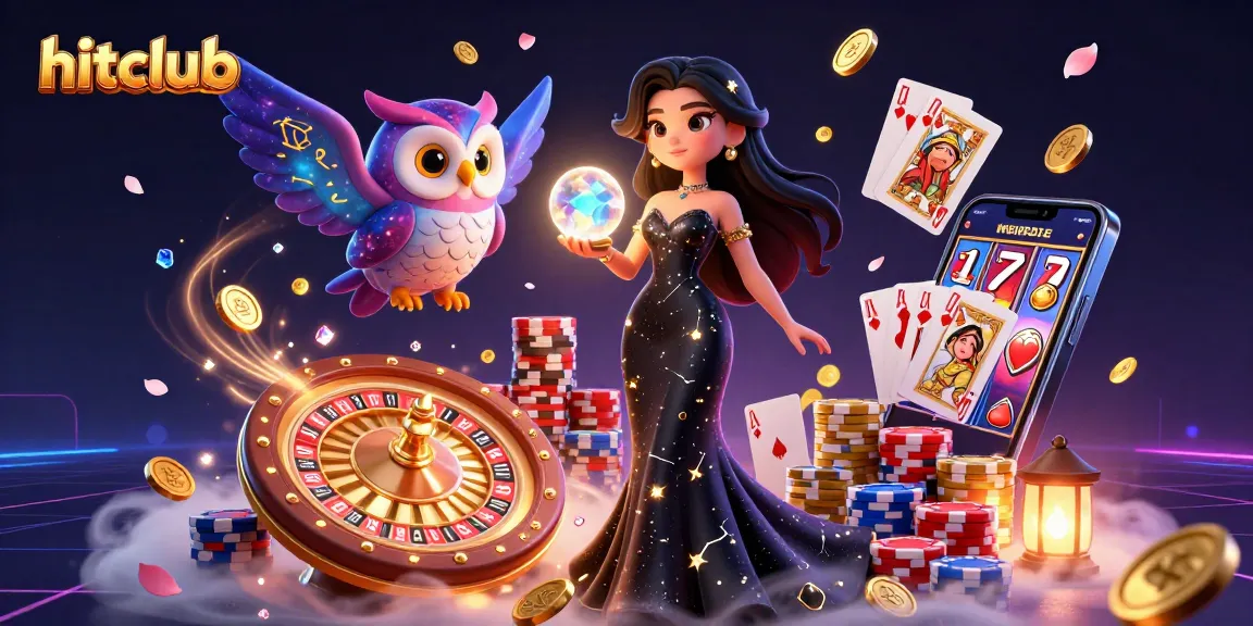 Spin to win with hitclub at this 3D casino scene featuring cards and coins in motion.