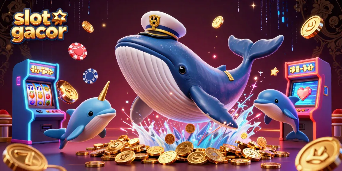 Engage with slot gacor action amidst vibrant dolphins, a whale captain, and colorful casino elements.