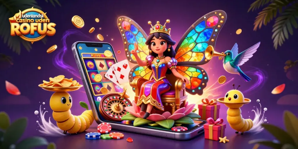 Spin the reels at udenlandsk casino uden ROFUS with the butterfly queen amidst casino elements.