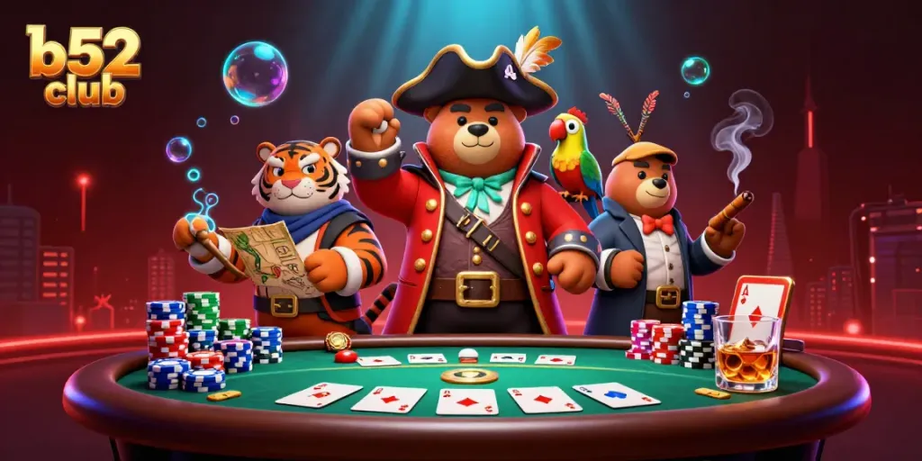 B52 club illustration featuring a pirate captain bear and tiger over a poker table, surrounded by vibrant chips.