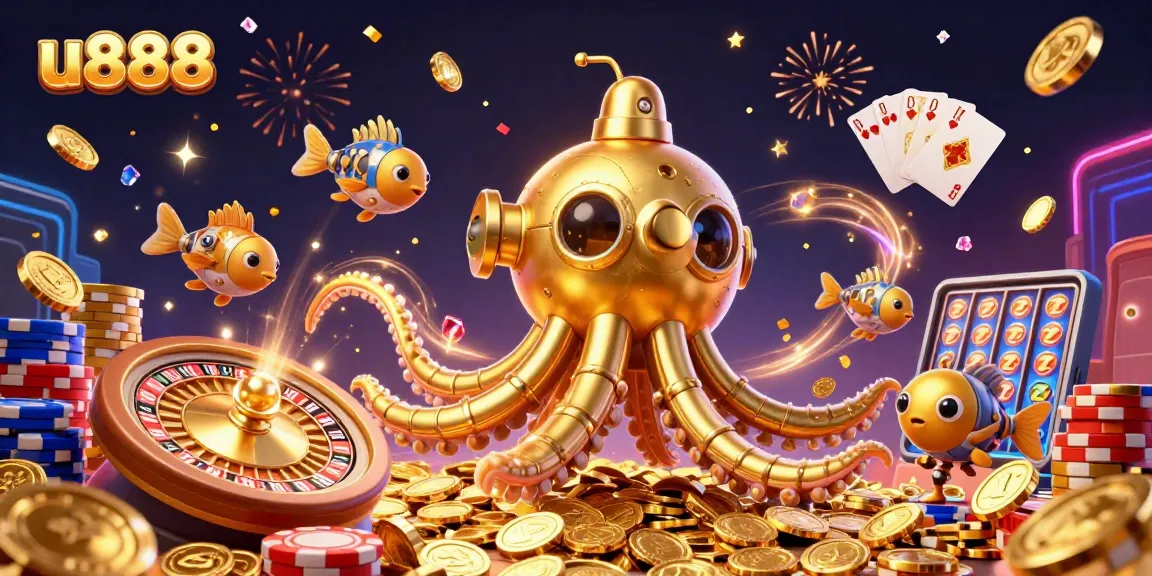 Experience the thrill of u888 gaming with the golden kraken submarine amidst a vibrant casino scene filled with riches.