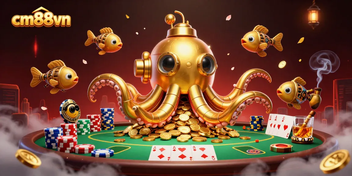 Win big at cm88vn with a thrilling casino adventure featuring a golden kraken submarine and poker excitement.