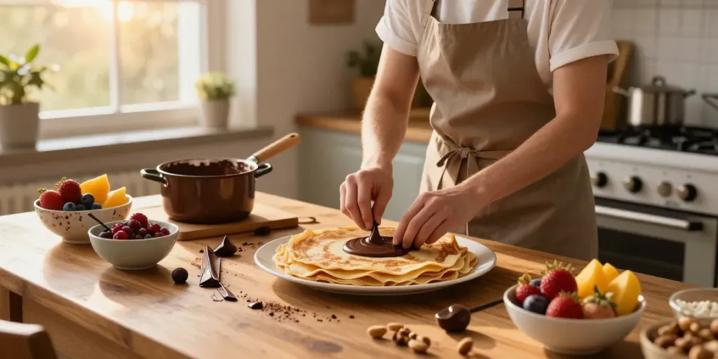 Delicious crepes preparation in a cozy kitchen, featuring rokok88 login ingredients.