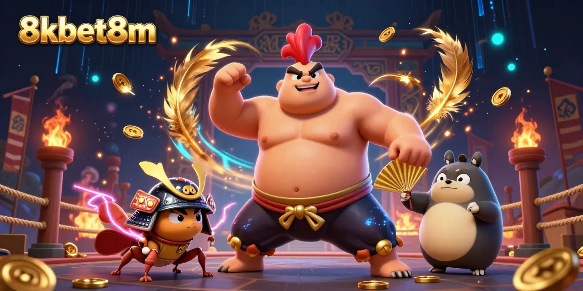 Experience exciting gameplay at 8kbet8m with a dynamic illustration showcasing 3D characters and vibrant casino elements.