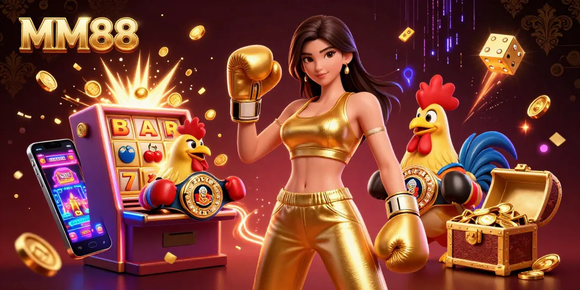 Experience the excitement of MM88 with dynamic casino action, featuring a championship rooster and golden slot machine.