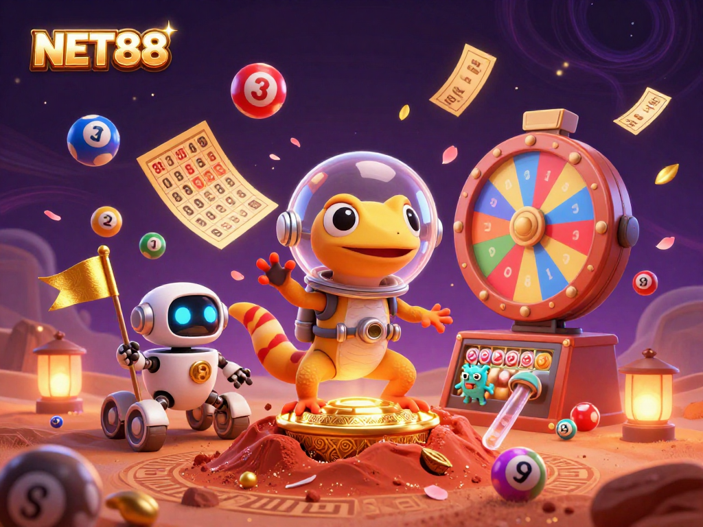 NET88's Martian themed casino adventure with vibrant lottery elements and a robot sidekick.