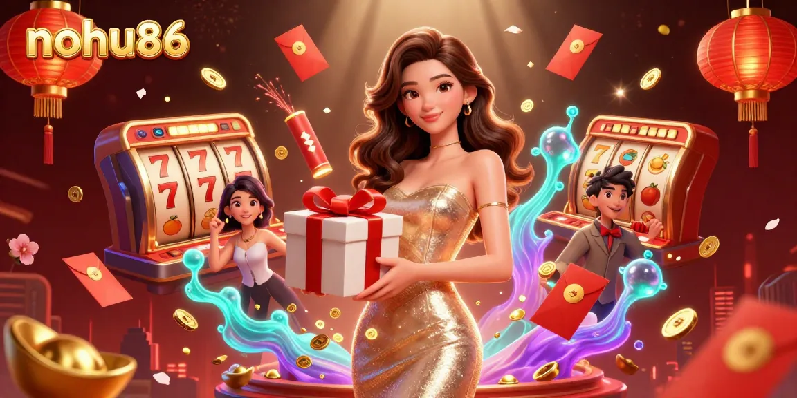 Experience exciting jackpots with nohu86 as a stunning Asian model celebrates wins amidst dazzling casino elements.