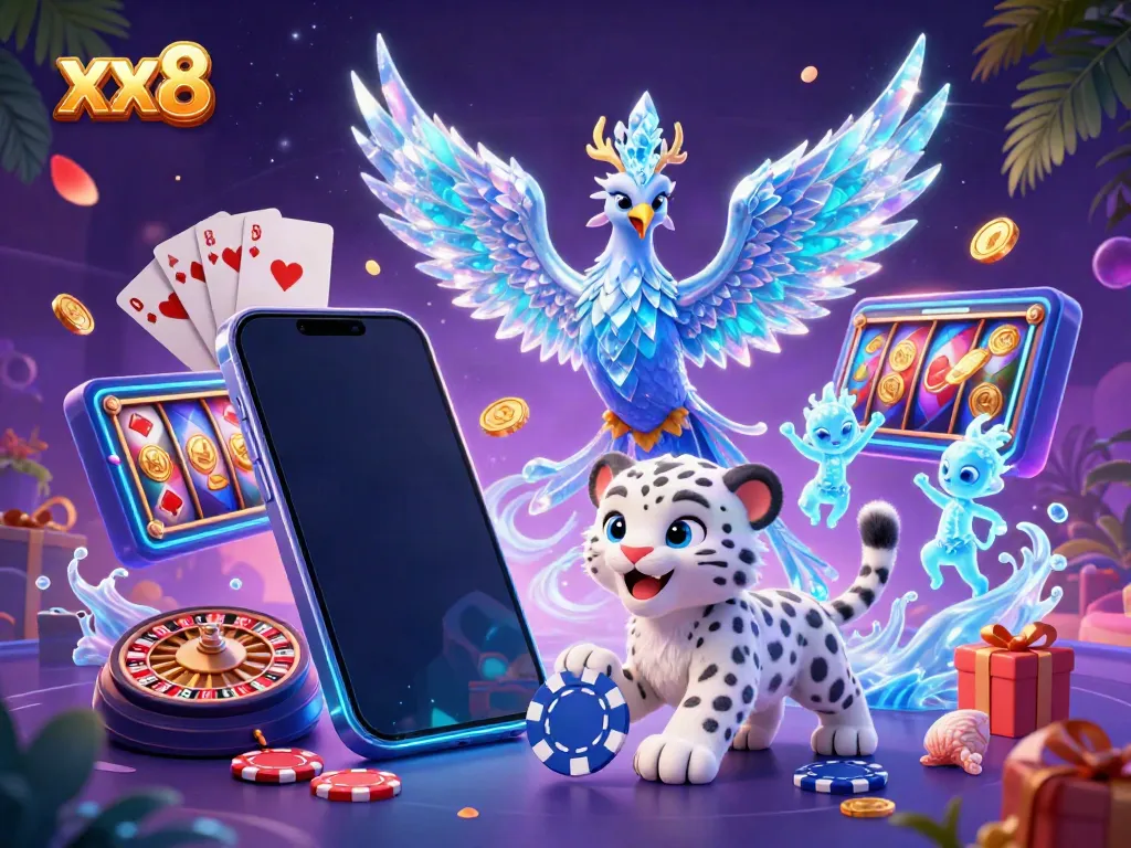 Experience the magic of xx8 with a 3D ice phoenix and a snow leopard cub amidst vibrant casino elements.