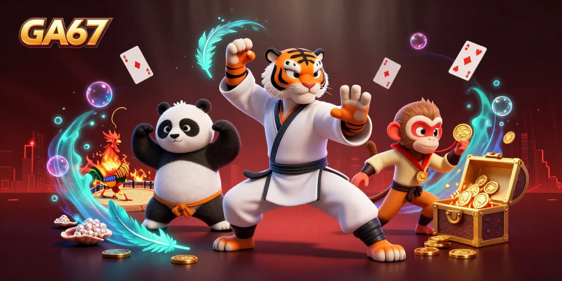 Engage with GA67's thrilling cockfighting arena scene featuring dynamic characters and casino elements.