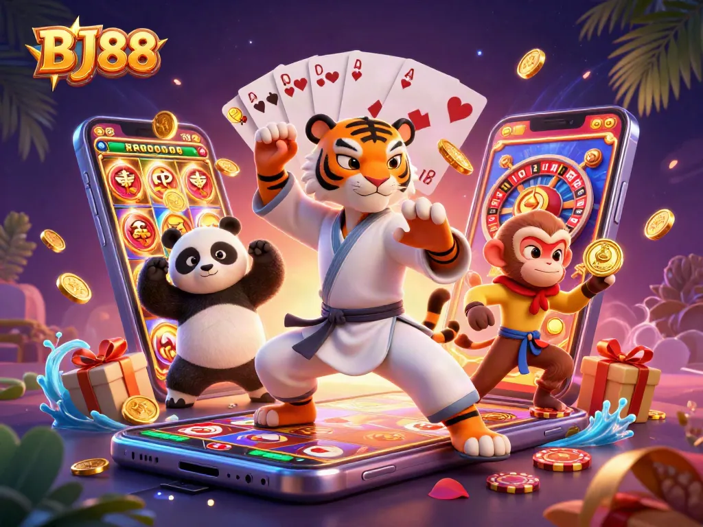Experience exciting wins with BJ88 in this vibrant casino-themed illustration showcasing games.