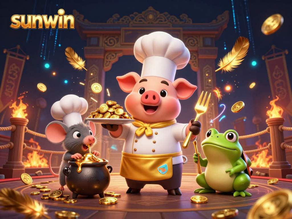 Engage with sunwin's immersive fantasy featuring a chef pig serving golden coins amidst a lively gambling scene.