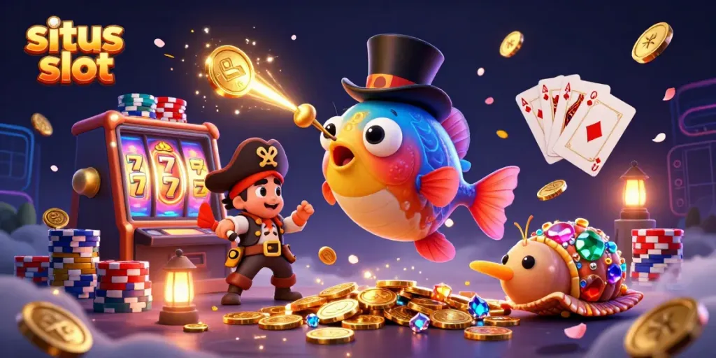 Experience the thrill of situs slot with shimmering coins and dynamic characters in a vibrant casino scene