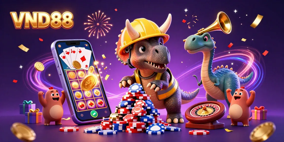 Celebrate gaming excitement with VND88, as dinosaur characters build a poker chip pyramid in a vibrant casino scene.