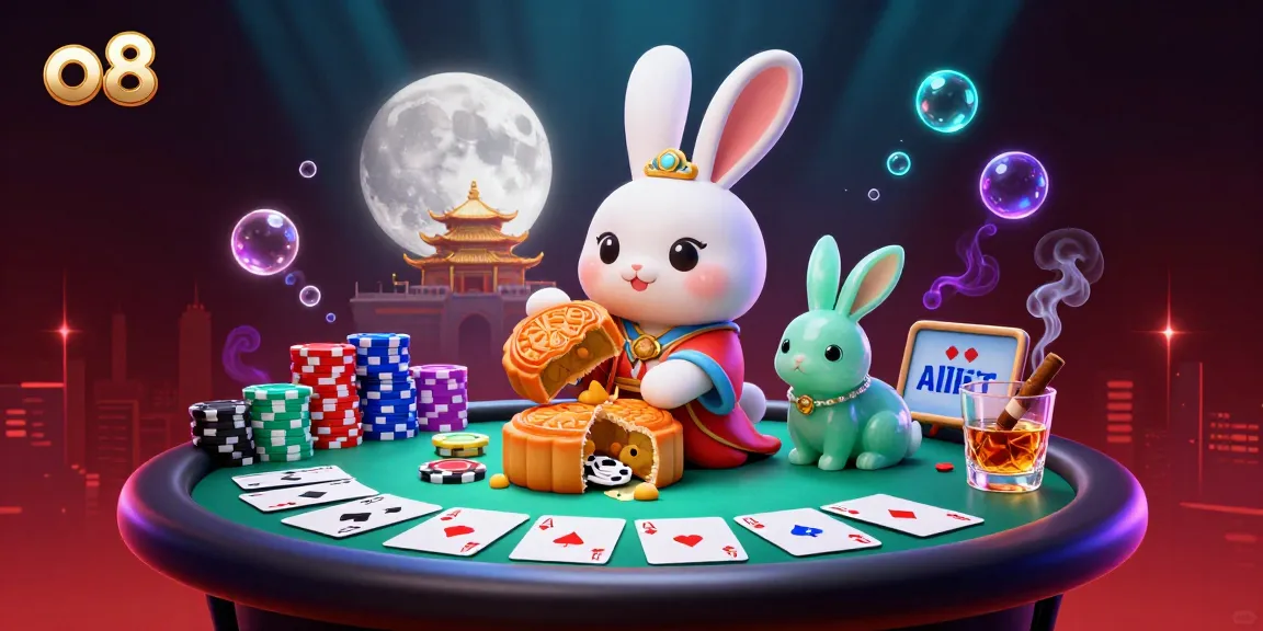Experience exciting poker action with o8's vibrant moonlit scene featuring a rabbit and poker chips.