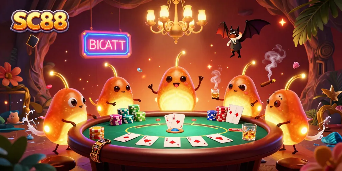 Experience SC88's vibrant cave casino illuminated by glowworms and a bat dealer, capturing the thrill of gambling.
