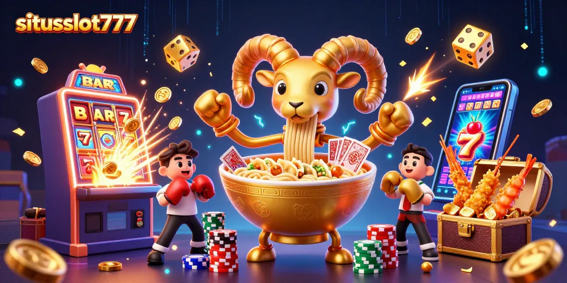 Spin to win at situsslot777 with a vibrant, dynamic casino-themed illustration showcasing fun characters and jackpot elements.