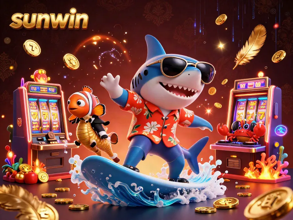 Engage with sunwin's vibrant casino world featuring a shark surfing on gold coins.
