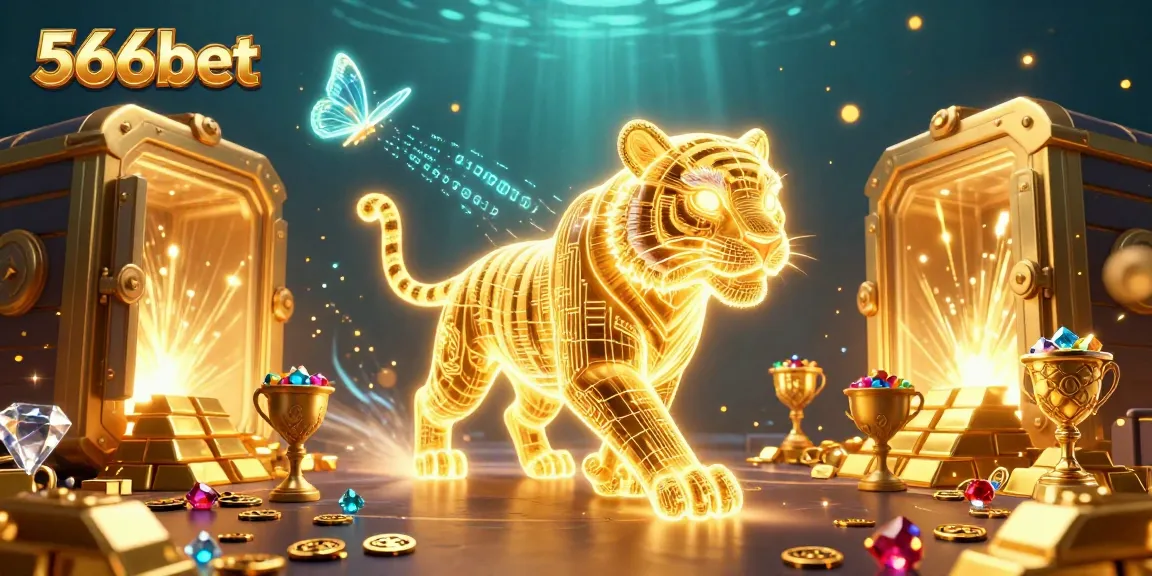 Engage with 566bet's dynamic digital casino experience featuring a luminous golden tiger and treasures.