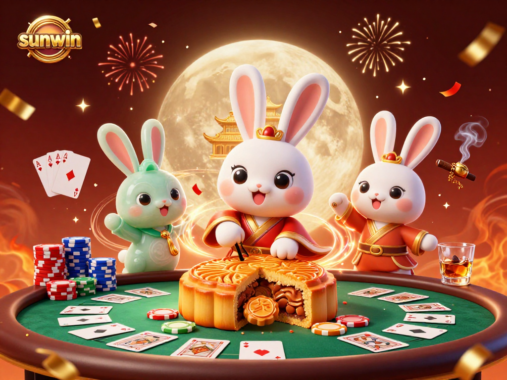 Play at sunwin with a captivating moon rabbit scene, poker chips, and festive elements for gamblers.