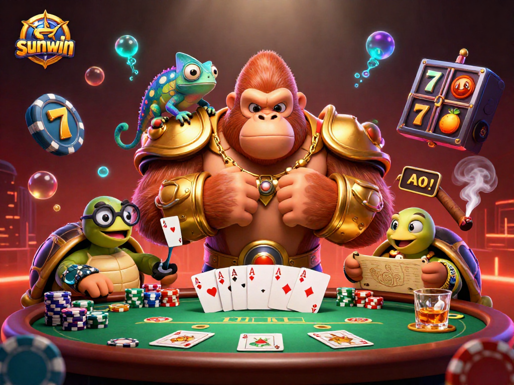 Experience the dynamic sunwin casino scene with colorful poker and slot elements.