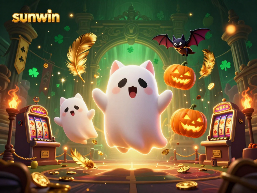 Experience sunwin's haunted casino atmosphere with a friendly ghost cat and vampire bat.