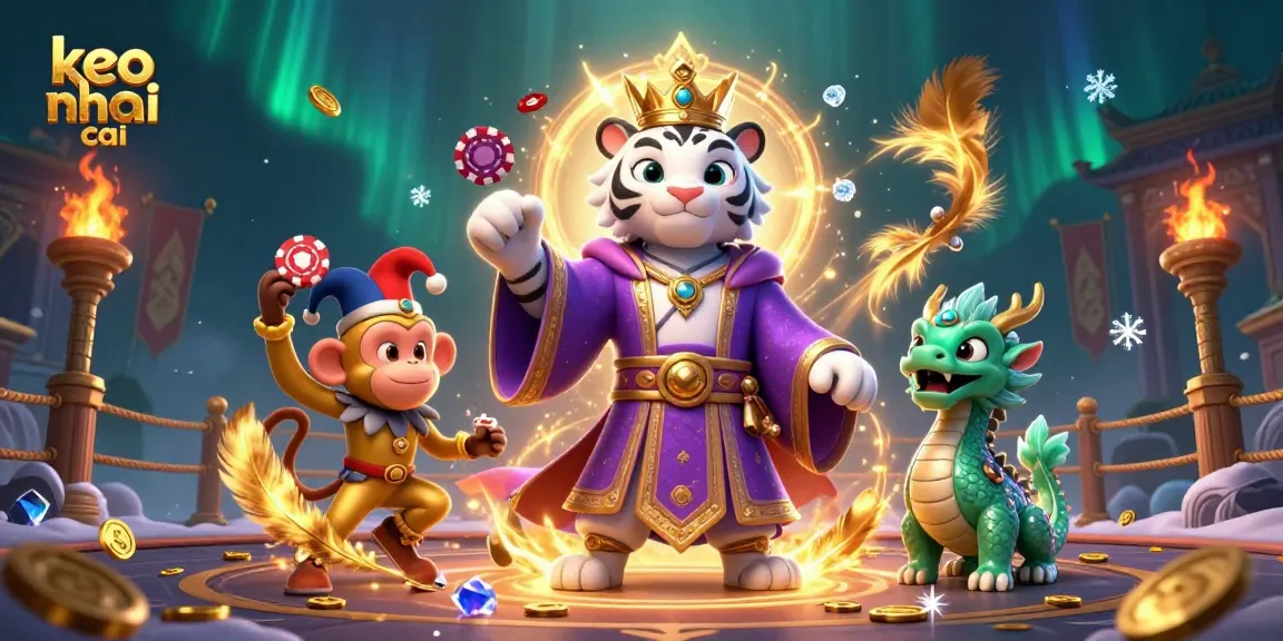 Engage with keo nha cai through an enchanting scene of a tiger in royal attire and a jester monkey amidst a dynamic sports betting arena.