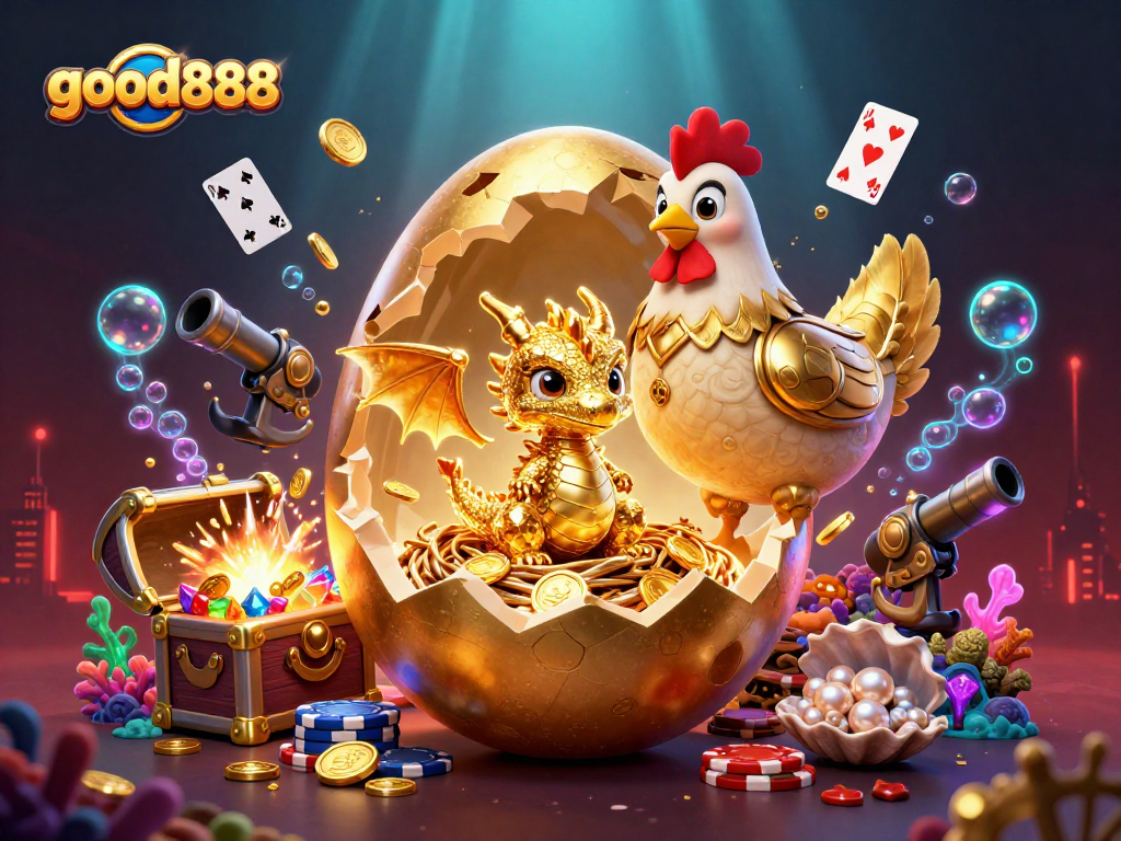 Experience winning with good888 in this vibrant casino scene featuring a gold dragon and treasures.