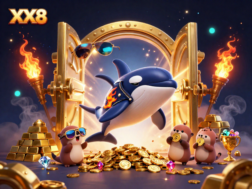 Experience the thrills of XX8 with vibrant cartoon characters celebrating casino riches.