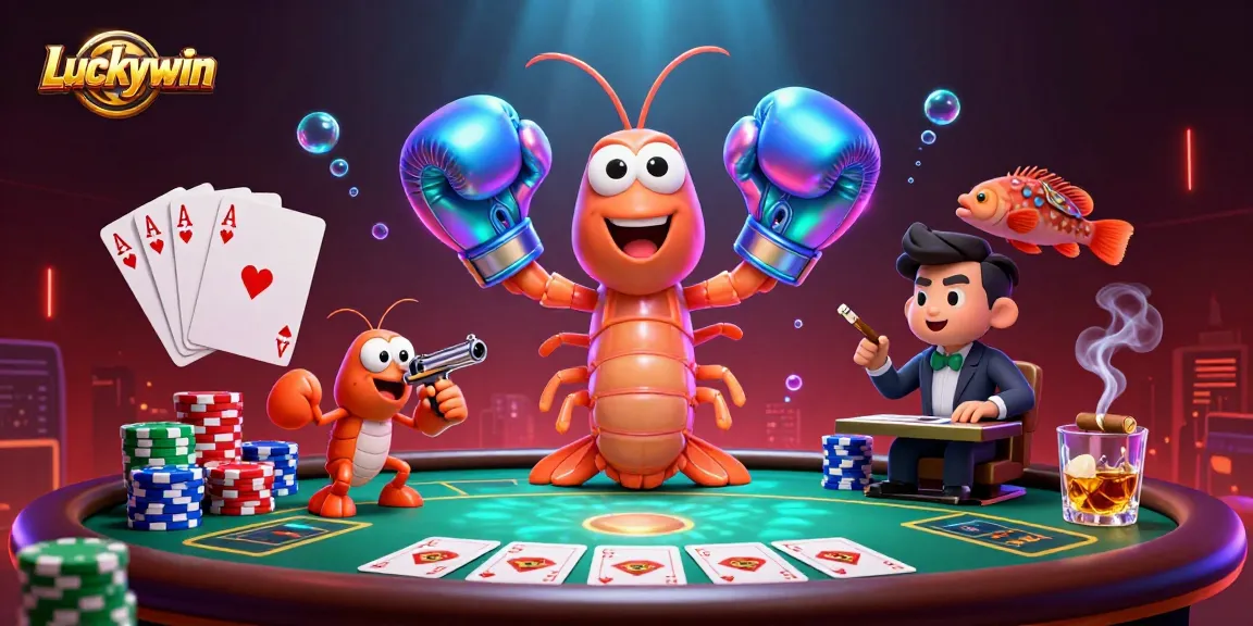 Experience Luckywin with a dynamic poker scene showcasing vibrant characters, chips, and cards.