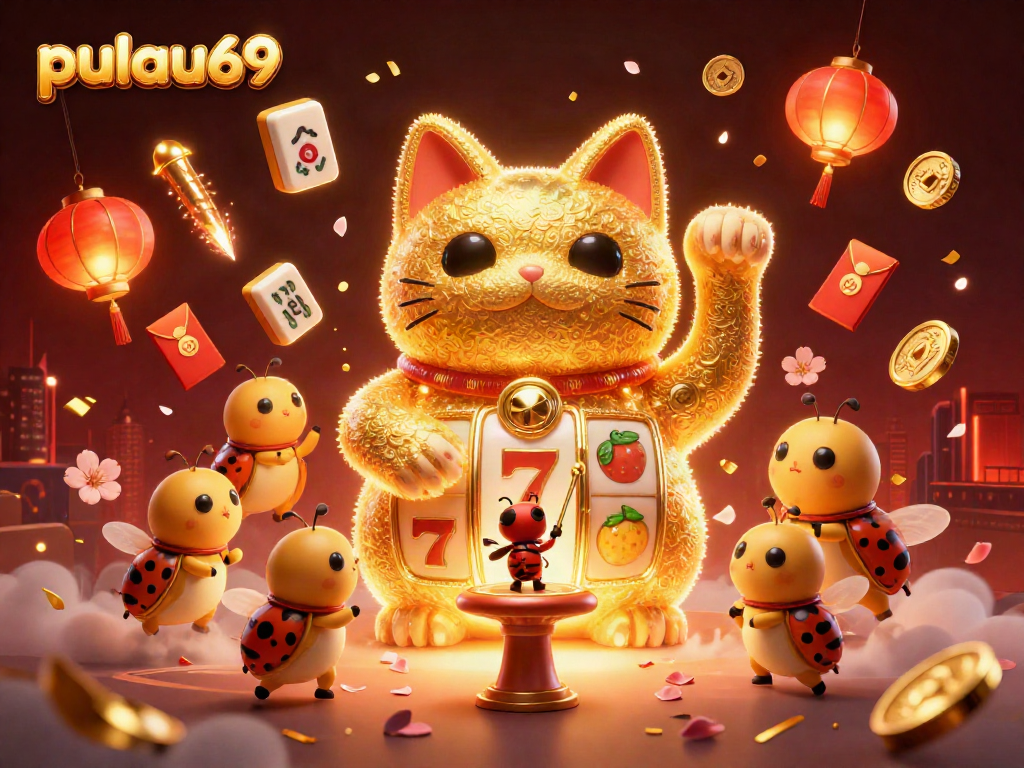 Experience thrilling slot gameplay with pulau69's vibrant casino illustration featuring a lucky cat.