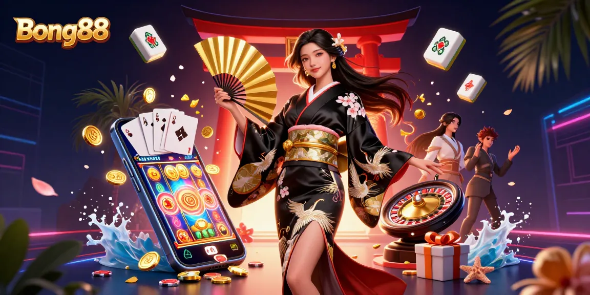 Bong88 captures the excitement of gambling with vibrant slot games and a stunning 3D illustration featuring an elegant Asian character.