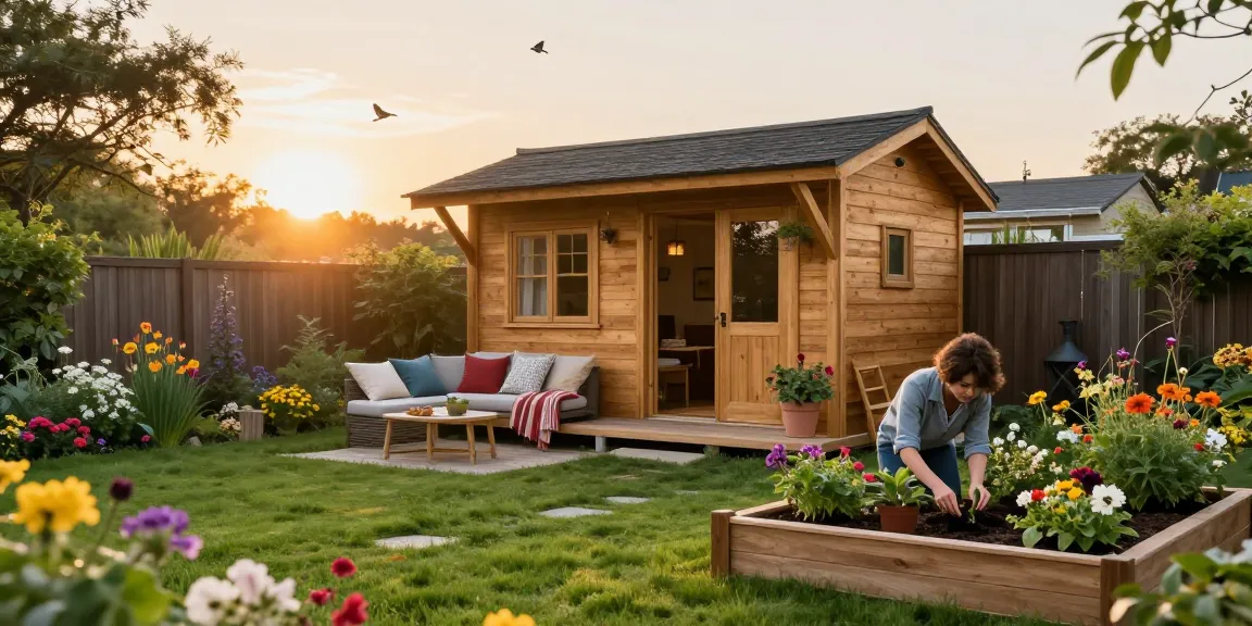 Wunderschönes Gartenhaus in einer grünen Umgebung mit bunten Blumen und einer Person, die im Garten arbeitet; Gartenhäuser von McGarden24 im Fokus.